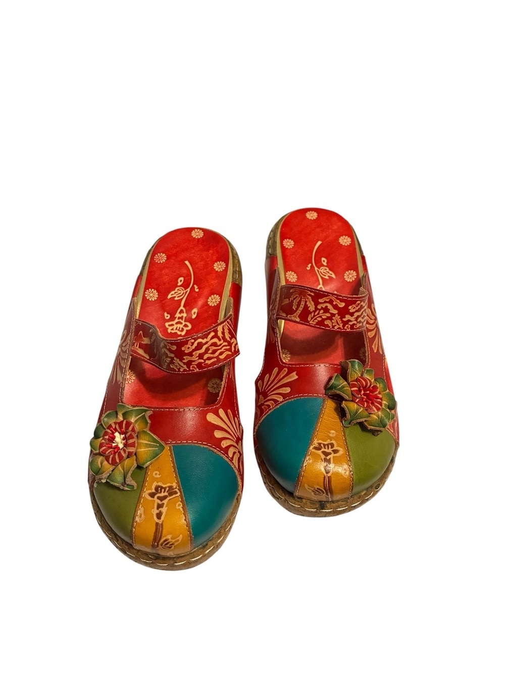 Colorblock Floral Leather Clogs in Red, Teal, Mustard & Green